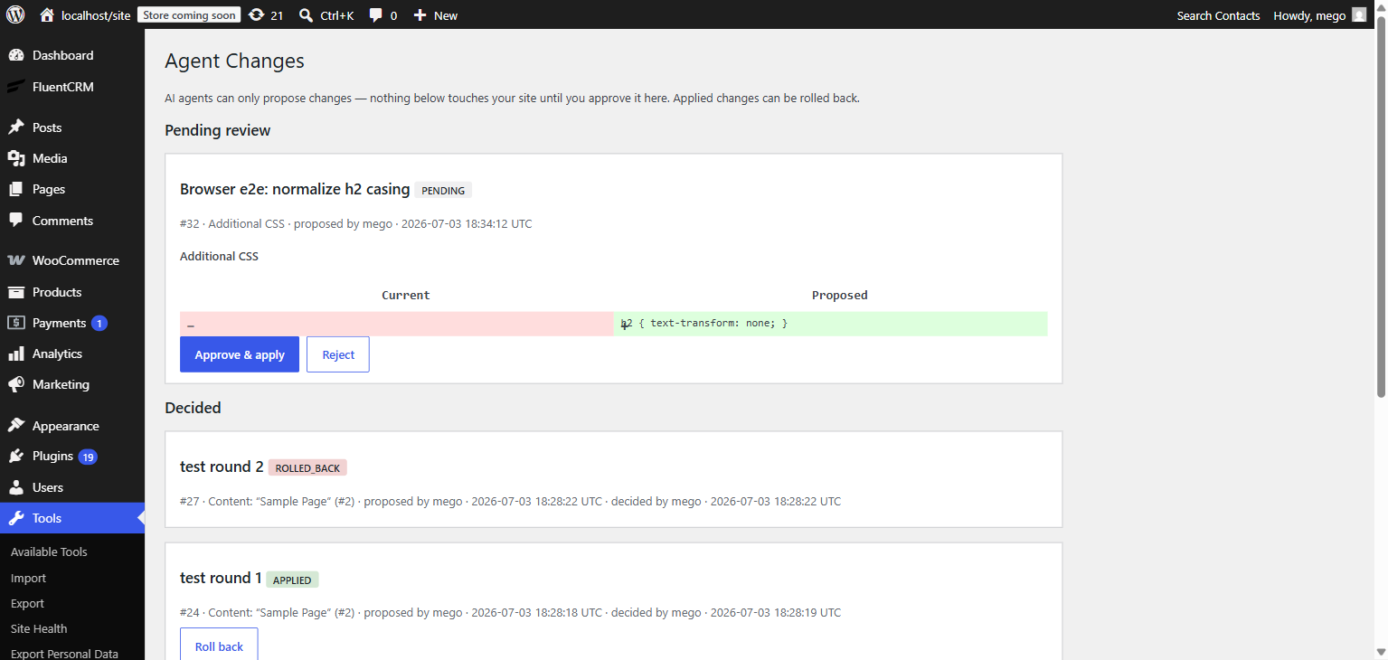 Tools → Agent Changes: a pending CSS proposal shown as a before/after diff with Approve & apply and Reject buttons