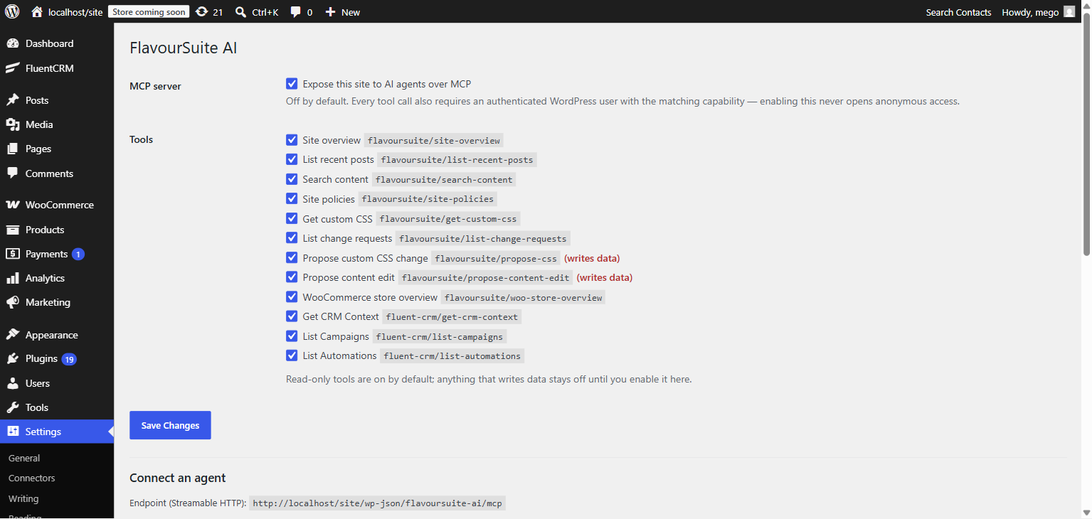 FlavourSuite AI settings page: master switch, per-tool toggles, and connection snippet